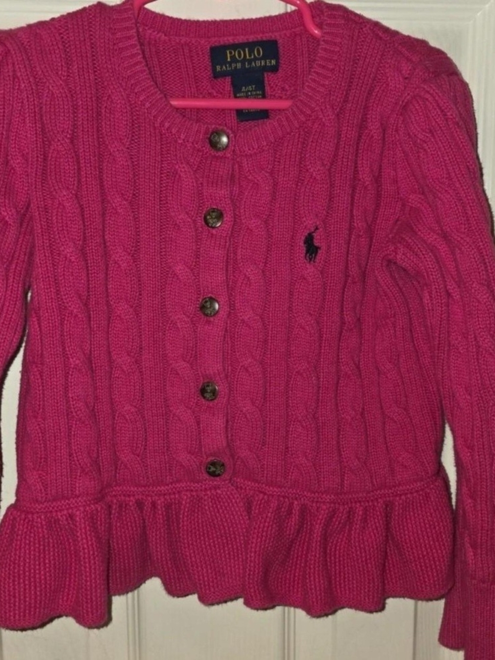 Polo by Ralph Lauren Hot Pink Cable-Knit Ruffle Hem Cardigan